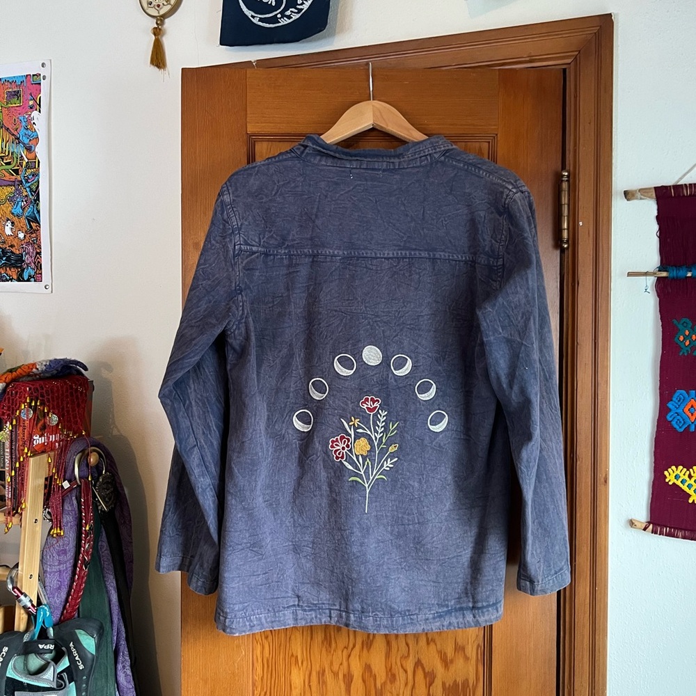 Moon Phases Embroidered Button Up - Blue
